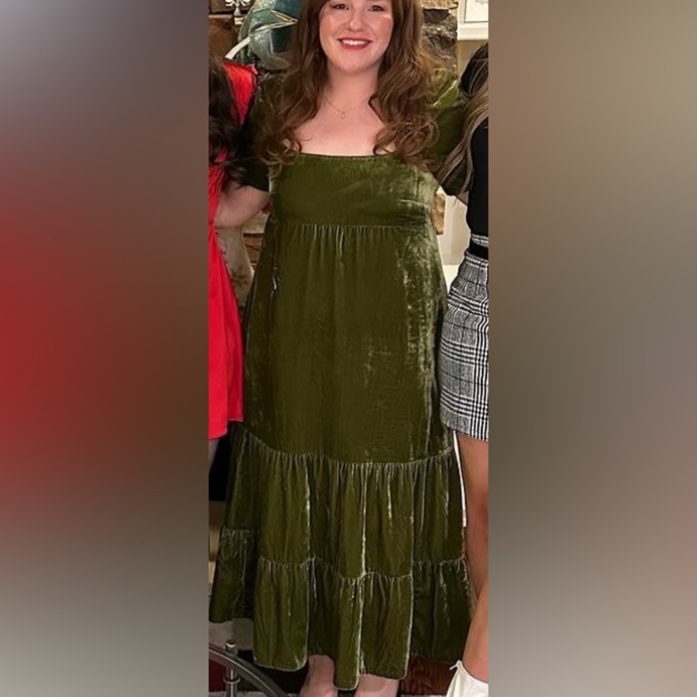 Anthropologie long velvet olive green dress